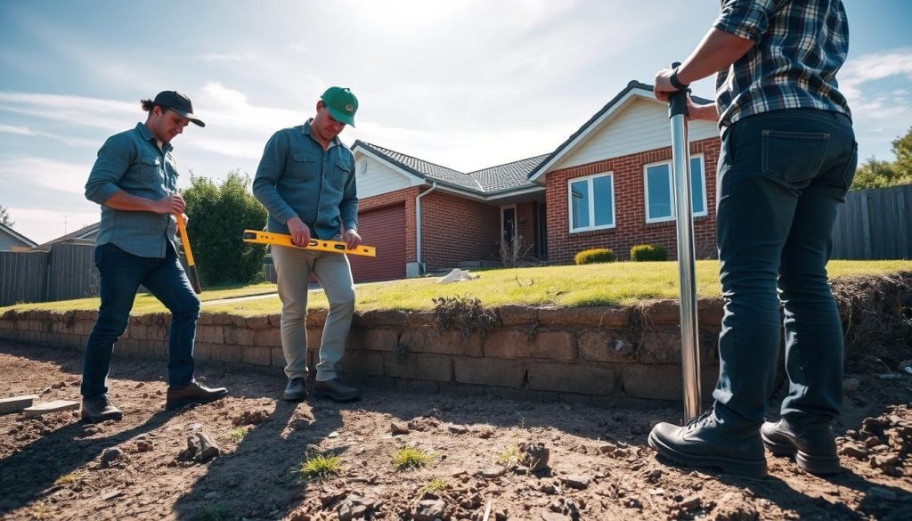 A detailed scene illustrating the process of underpinning a house in Melton. In the foreground, show a construction team of two professionals in moderate casual clothing, engaged in careful foundation work. One is holding a level tool while the other uses a hydraulic jack to raise the home slightly. In the middle ground, depict the house, a modest single-story dwelling with brick walls and a well-maintained garden, with visible cracks in the foundation that highlight the necessity of underpinning. In the background, include a clear blue sky with soft, diffused sunlight casting gentle shadows, evoking a peaceful yet industrious atmosphere. The angle should be slightly elevated, providing a clear view of both the workers and the foundation repair process, capturing the essence of stabilization and strengthening of the foundation.