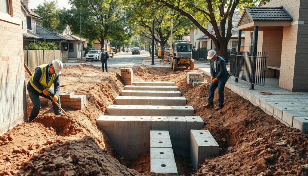 A detailed scene illustrating traditional underpinning techniques in a construction setting. In the foreground, workers in professional business attire are using tools to excavate soil beneath an existing structure, showcasing precision and teamwork. The middle ground features a series of concrete underpinning foundations being installed, with piles of concrete blocks and construction equipment nearby. The background reveals a residential area of Kingston VIC, with Australian architecture and leafy trees lining the street. Soft natural daylight filters through, casting gentle shadows across the scene, enhancing the sense of activity and professionalism. The angle is slightly tilted from above, providing a comprehensive overview of the process while maintaining focus on the traditional methods being employed. The mood is industrious and focused, emphasizing craftsmanship in construction.