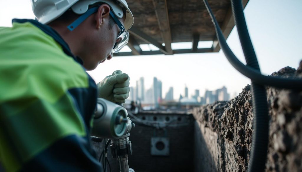 A detailed scene of a resin injection process for underpinning, set in an urban Melbourne environment. In the foreground, a skilled technician in safety gear focuses intently on injecting resin into deep concrete cavities using specialized equipment; their professional attire includes a hard hat and safety goggles. The middle ground features a partially excavated area where the underpinning work is taking place, with clear signs of resin being injected to stabilize a building foundation. In the background, the outline of Melbourne's skyline subtly evokes its architectural character. Soft, natural light illuminates the scene, highlighting the details of the equipment and surrounding environment. The mood is industrious yet professional, capturing the essence of modern construction techniques.