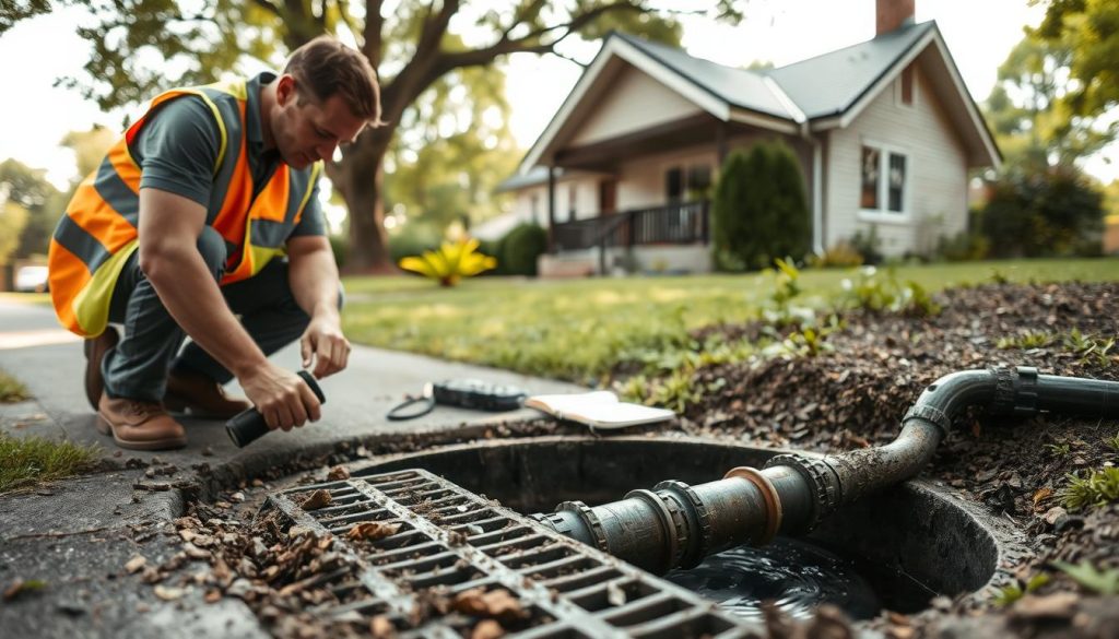 A detailed scene of drainage inspection in a residential area. In the foreground, a professional in a high-visibility vest examining a drainage grate, kneeling down to closely inspect debris and water flow. In the middle, an open manhole revealing interconnected pipes, with tools such as a flashlight and notepad scattered nearby. The background showcases a suburban landscape with a house exhibiting signs of foundation movement, leaning slightly, surrounded by wilting plants due to poor drainage. Soft, natural lighting filters through the trees above, casting dappled shadows. The angle is slightly low, emphasizing the inspector's focus on the drainage system, while creating a sense of urgency in diagnosing potential stormwater issues. The mood is attentive and professional, underscoring the importance of effective drainage management.