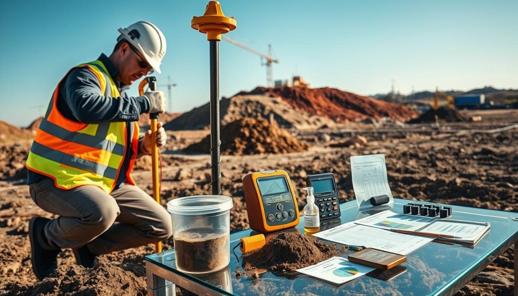 A detailed scene of soil testing in a geotechnical setting. In the foreground, a professional wearing a hard hat and safety vest is using a soil auger to collect samples, surrounded by essential testing equipment such as a soil moisture meter and laboratory containers. In the middle ground, a clear table displays testing equipment and soil samples, with charts and graphs indicating data analysis. The background shows a construction site with a pile of excavated soil and a clear blue sky. The lighting is bright and natural, with a warm afternoon glow, creating an atmosphere of focus and professionalism. The angle is slightly elevated, providing a comprehensive view of the activity while emphasizing the importance of soil testing for geotechnical reporting. A detailed scene of soil testing in a geotechnical setting. In the foreground, a professional wearing a hard hat and safety vest is using a soil auger to collect samples, surrounded by essential testing equipment such as a soil moisture meter and laboratory containers. In the middle ground, a clear table displays testing equipment and soil samples, with charts and graphs indicating data analysis. The background shows a construction site with a pile of excavated soil and a clear blue sky. The lighting is bright and natural, with a warm afternoon glow, creating an atmosphere of focus and professionalism. The angle is slightly elevated, providing a comprehensive view of the activity while emphasizing the importance of soil testing for geotechnical reporting.