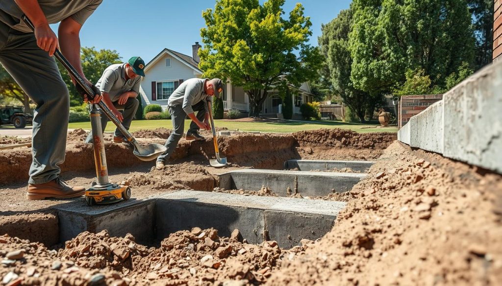 A detailed scene showcasing foundation repair work in a residential setting in Nillumbik. In the foreground, focused professionals in modest casual clothing, using tools like a hydraulic jack and shovels, are engaged in underpinning techniques. The middle ground features sections of exposed foundation, revealing concrete and steel reinforcements, while loose soil and gravel are scattered around. In the background, a suburban home with a well-maintained yard is visible, accompanied by lush green trees to convey the area’s natural beauty. Bright, midday sunlight creates clear shadows, emphasizing the texture of the soil and the details of the foundation work. The atmosphere is industrious yet calm, reflecting professionalism and expertise in foundation repairs.