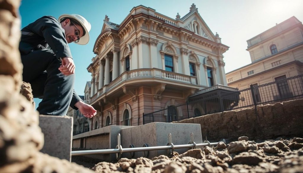 A detailed scene showcasing heritage underpinning solutions in Melbourne, highlighting a skilled engineer inspecting a historic building's foundation. In the foreground, the engineer, dressed in professional attire, closely examines sleek underpinning materials made of steel and reinforced concrete, emphasizing precision and innovation. In the middle ground, elegant Victorian-era architecture stands, showcasing intricate details and original fabric, with subtle signs of structural reinforcement. The background features a clear blue sky, soft sunlight illuminating the scene, casting gentle shadows that enhance the textures of the building. The overall atmosphere conveys a respectful balance between modern engineering and heritage preservation, reflecting a commitment to maintaining historical integrity while ensuring safety and stability.