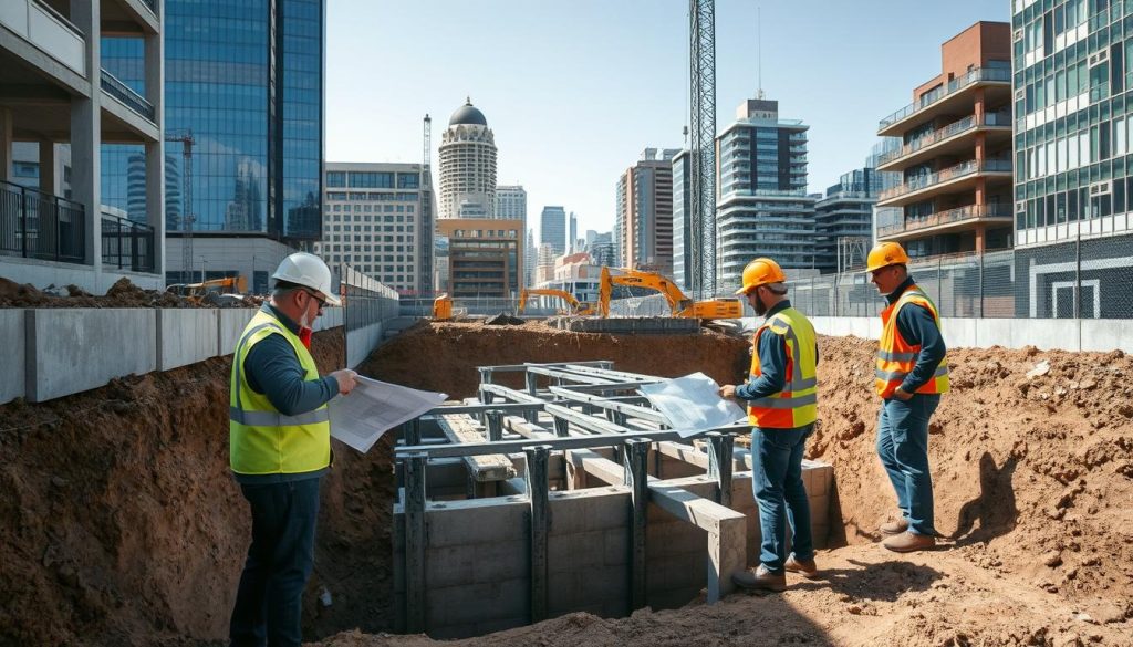 A detailed scene showcasing underpinning work for a basement excavation in Melbourne. In the foreground, a team of three professionals in hard hats and safety vests examines blueprints by a partially excavated site, with exposed earth and concrete walls. The middle area features robust underpinning structures—steel supports and beams being installed to reinforce the foundation. In the background, recognizable Melbourne architecture, such as a mix of modern buildings and historical structures, creates a vivid cityscape. Soft, natural lighting, indicative of a sunny day, casts gentle shadows, imparting a professional yet dynamic atmosphere. The angle is slightly elevated, offering a comprehensive view of the interaction between people and construction elements, emphasizing innovation and safety in underpinning techniques.