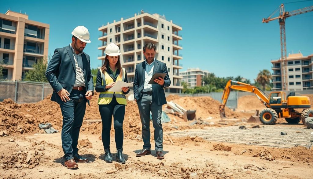 A detailed site inspection scene showcasing a team of three civil engineers conducting an assessment at an urban construction site. In the foreground, two engineers, a man and a woman dressed in professional business attire, are examining soil samples and taking notes. A third engineer is using a tablet to record findings. The middle ground features excavation machinery and foundation work in progress. In the background, a partially constructed building under a clear blue sky emphasizes the engineering theme. The lighting is bright and natural, reflecting a sunny day, creating a professional and productive atmosphere. The composition should focus on the teamwork and precision involved in the underpinning process, ensuring clarity and visual appeal for an educational article.