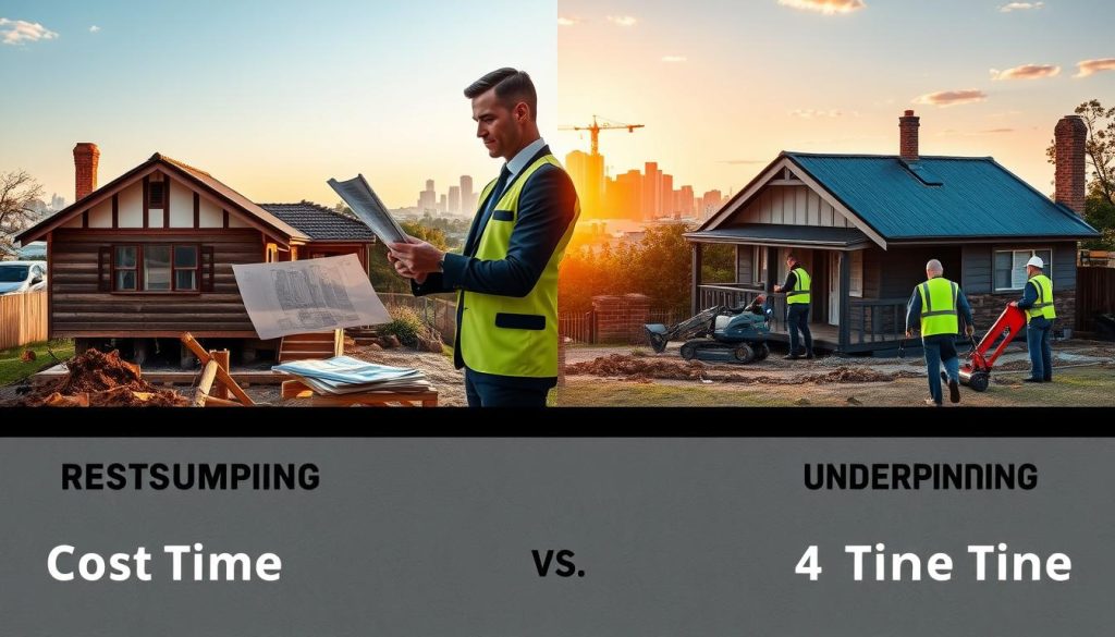 A detailed split-screen image showcasing the comparison between restumping and underpinning techniques on older Melbourne homes. In the foreground, a well-dressed construction manager reviews blueprints on the left side, with restumping work visible: wooden stumps being carefully replaced under a charming Victorian house. On the right, a team of professionals in safety vests uses machinery for underpinning, with concrete being poured under a traditional Melbourne cottage. The middle layer features tools, materials, and timelines from both projects. In the background, the Melbourne skyline is set against a soft sunset, casting warm light while maintaining a professional mood. The scene emphasizes both cost and time efficiency, inviting contemplation of results for property owners.