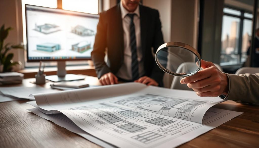 A detailed structural engineering report laid open on a wooden desk, with blueprints and technical drawings of underpinning designs scattered around it. In the foreground, a professional engineer in business attire examines the documents, using a high-quality magnifying glass. The middle ground features a computer screen displaying 3D models of renovation projects, illuminated by soft, warm lighting to create an inviting atmosphere. In the background, a window shows a view of Melbourne's skyline, bathed in natural daylight. The mood is professional yet collaborative, conveying a sense of safety and compliance in engineering practices. The overall composition should have a shallow depth of field, focusing attention on the report and the engineer's actions.