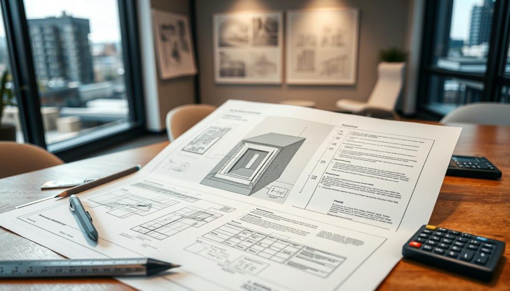 A detailed structural engineering report spread open on a wooden desk, showcasing technical diagrams, foundation analysis graphs, and a section on drainage issues. The foreground features neatly organized engineering tools like a scale ruler, pencil, and a calculator beside the report. In the middle, the report's pages display detailed blueprints of a building foundation with annotated notes and calculations. The background includes a well-lit office with architectural sketches pinned to the wall and a large window offering a view of Melbourne's urban landscape. Soft, natural lighting illuminates the scene, creating a professional and focused atmosphere that reflects diligence and expertise in structural engineering.