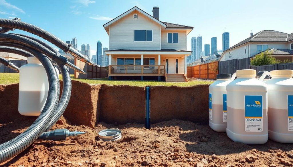 A detailed, technical illustration of resin injection solutions for underpinning townhouses in Melbourne. In the foreground, show a close-up view of high-quality resin injection equipment, including hoses, nozzles, and resin containers, demonstrating the tools in a professional setup. In the middle ground, depict a partially excavated foundation of a townhouse, with visible cracks and soil, highlighting the application of resin being injected to stabilize the structure. The background should feature a serene Melbourne skyline with a clear blue sky, emphasizing the urban context. Use natural daylight for bright, clear lighting, and capture the scene with a slightly elevated angle to provide depth and perspective. The overall mood should convey innovation and safety in construction practices.
