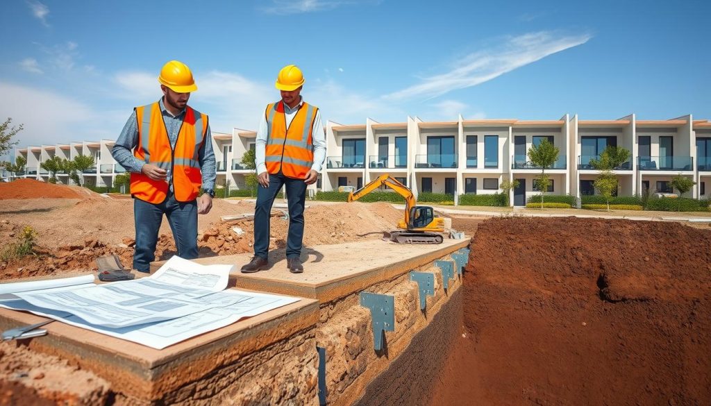 A detailed, technical illustration of the underpinning process used for townhouses. In the foreground, a team of three professionals in hard hats and safety vests inspect a foundation, with blueprints and tools laid out. The middle layer showcases an excavation site where workers are installing steel brackets, surrounded by earthmoving machinery and construction materials. In the background, a row of modern townhouses stands against a clear Melbourne sky, highlighting the urban setting. Use bright, natural lighting to create an optimistic atmosphere, emphasizing teamwork and precision. The angle should be slightly elevated to capture both the intricate details of the underpinning work and the townhouses in their stylish architecture. The overall mood should convey professionalism, safety, and innovation in construction.