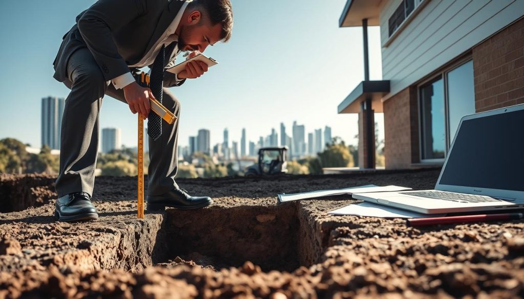 A detailed underpinning inspection scene set in Melbourne, showcasing a professional engineer in smart business attire, examining a house foundation. In the foreground, the engineer uses measurement tools and a clipboard, closely inspecting a small section of the foundation. The middle ground features the foundation itself, revealing visible cracks and soil issues, while technical diagrams and a laptop lie on a nearby table. In the background, Melbourne's urban skyline is subtly visible under a clear blue sky, with tall buildings and trees. Soft, natural lighting enhances the scene, casting gentle shadows to create an engaging atmosphere of meticulousness and professionalism, capturing the essence of a thorough underpinning inspection.
