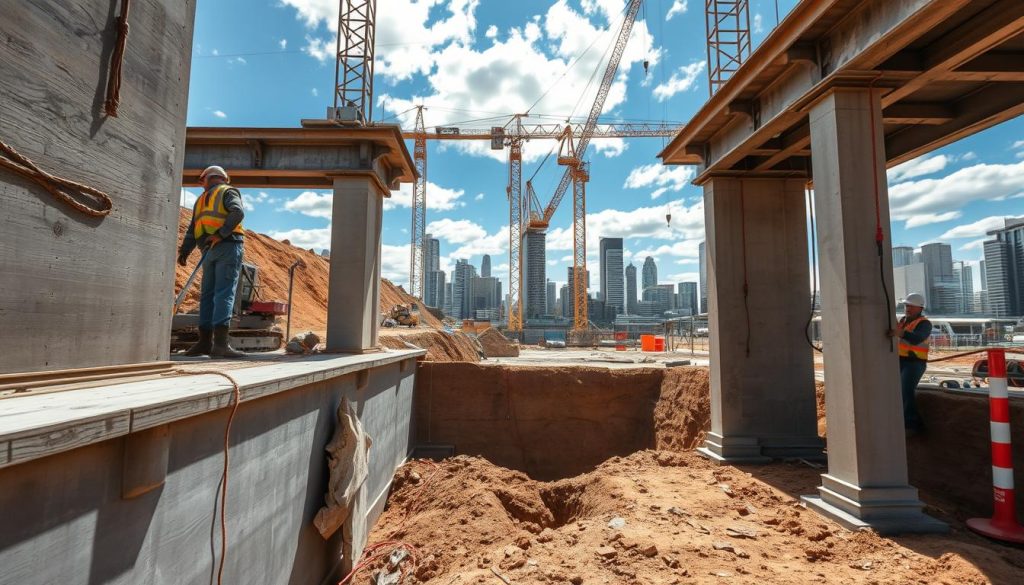 A detailed view of a construction site in Melbourne focused on the process of beam and base underpinning. In the foreground, a sturdy concrete foundation is being reinforced with steel beams, showcasing the intricate connections where they meet the structure. Workers in professional construction attire are carefully monitoring the installation, using tools and machinery to ensure precision. In the middle ground, the partially excavated site reveals the soil layers and the foundational elements, while cranes and scaffolding surround the area. The background features a clear blue sky with scattered clouds, highlighting the urban skyline of Melbourne. Natural sunlight casts dynamic shadows, creating a serious yet industrious atmosphere, evoking a sense of progress and stability in construction.