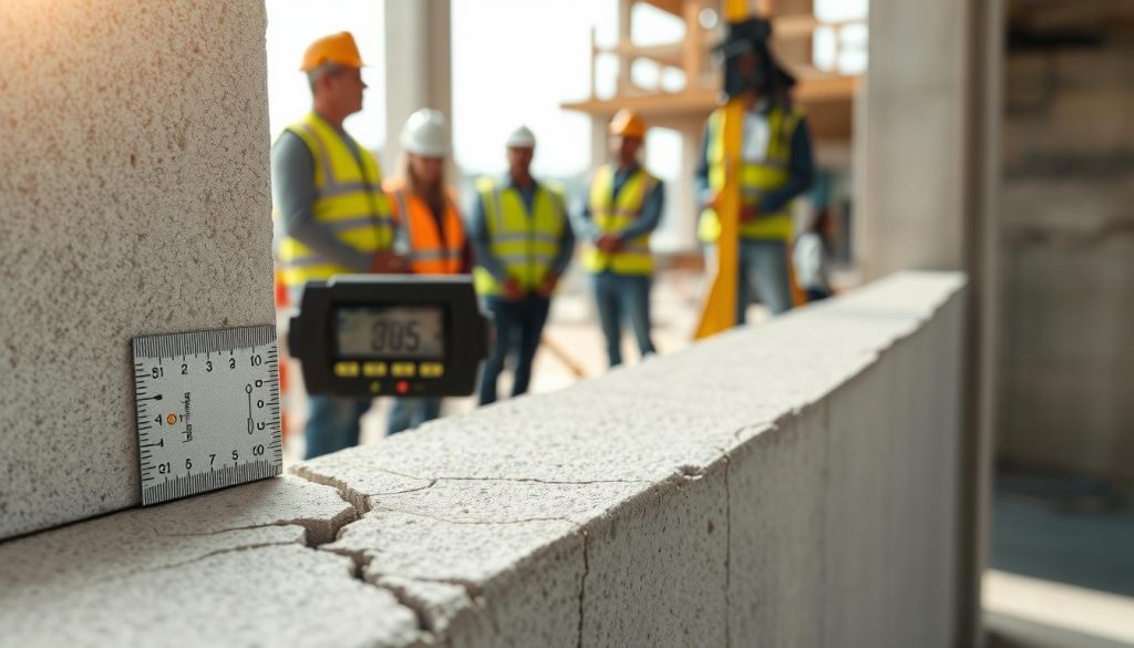 A detailed view of a crack in a concrete wall, illustrating its movement. In the foreground, focus on the crack's width, showing variations with a ruler beside it for scale. The middle ground features a professional-grade measuring device capturing the horizontal and vertical direction of the crack, with distinct arrows indicating the rate of change. In the background, a construction site is softly blurred, emphasizing safety equipment like helmets and reflective vests worn by workers observing from a distance. Natural daylight filters in, casting soft shadows that enhance the texture of the concrete. The atmosphere is serious yet informative, reflecting a professional environment dedicated to monitoring structural integrity. A detailed view of a crack in a concrete wall, illustrating its movement. In the foreground, focus on the crack's width, showing variations with a ruler beside it for scale. The middle ground features a professional-grade measuring device capturing the horizontal and vertical direction of the crack, with distinct arrows indicating the rate of change. In the background, a construction site is softly blurred, emphasizing safety equipment like helmets and reflective vests worn by workers observing from a distance. Natural daylight filters in, casting soft shadows that enhance the texture of the concrete. The atmosphere is serious yet informative, reflecting a professional environment dedicated to monitoring structural integrity.