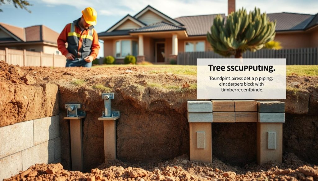 A detailed view of a foundation support scenario showcasing underpinning and restumping techniques for residential properties. In the foreground, display a worker in professional attire examining a deepened foundation trench, with brackets and piers visibly supporting the structure. The middle ground should depict two types of foundation support: one side illustrating underpinning with concrete piers and steel plates, while the other highlights restumping with timber and block supports. In the background, include a Melbourne suburban home with clear sky visibility, emphasizing a safe and stable environment. Use warm, natural lighting to create a professional and informative atmosphere, captured at a slight angle to provide depth and clarity. Avoid any text or branding in the image.