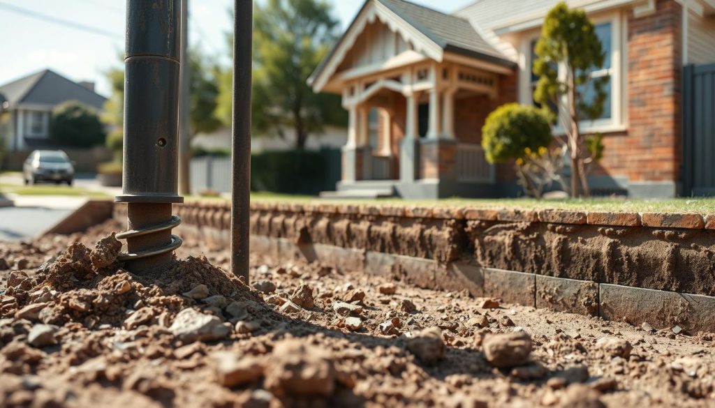 A detailed view of a home undergoing underpinning work in Melbourne, showcasing a cross-section of soil foundation layers. In the foreground, a mini pile drill is actively being inserted into the earth, with soil and rocks spilling around it. The middle ground features partially exposed foundation walls of a Victorian-style house, emphasizing the need for deeper structural support. The background reveals a suburban street, with neatly trimmed trees and other homes slightly blurred to maintain focus on the underpinning process. Bright, natural daylight illuminates the scene, creating a realistic setting, while a wide-angle lens captures the intricate details of the soil layers and construction tools, imparting an atmosphere of professionalism and urgency in home preservation.