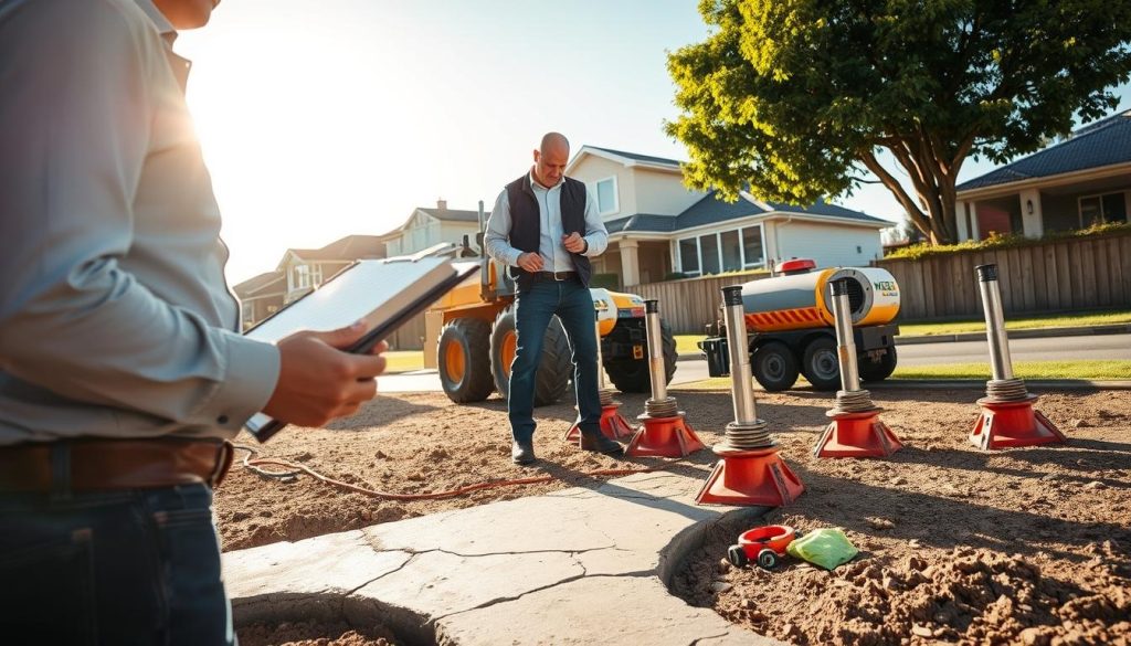 A detailed view of a professional foundation repair service in action, showcasing workers in smart casual clothing inspecting a residential foundation. In the foreground, a knowledgeable technician examines cracks in concrete with a clipboard, showing clear signs of foundation stress. The middle ground displays heavy machinery and tools used for the repair process, such as hydraulic jacks and concrete pumps, meticulously arranged. In the background, a Melbourne suburban setting with typical homes under a bright, sunny sky. Soft natural lighting illuminates the scene, creating a sense of professionalism and urgency. The overall atmosphere conveys trust and expertise, suitable for emphasizing foundation repair services tailored to unique Australian conditions.