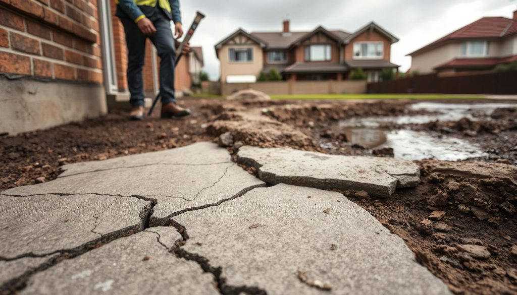 A detailed view of a residential property's foundation in Melbourne, showcasing visible cracks and signs of settling, surrounded by reactive clay soil. In the foreground, focus on the cracked concrete slab, with an engineer inspecting it, dressed in professional attire, holding a testing tool. The middle ground features the unstable clay soil, with water pooling nearby indicating poor drainage. In the background, typical Melbourne housing with a cloudy sky creates a slightly ominous atmosphere. Use soft, natural lighting to enhance details in the composition, and capture the scene from a low angle to emphasize the foundation issues. The overall mood suggests caution and a pressing need for underpinning solutions.