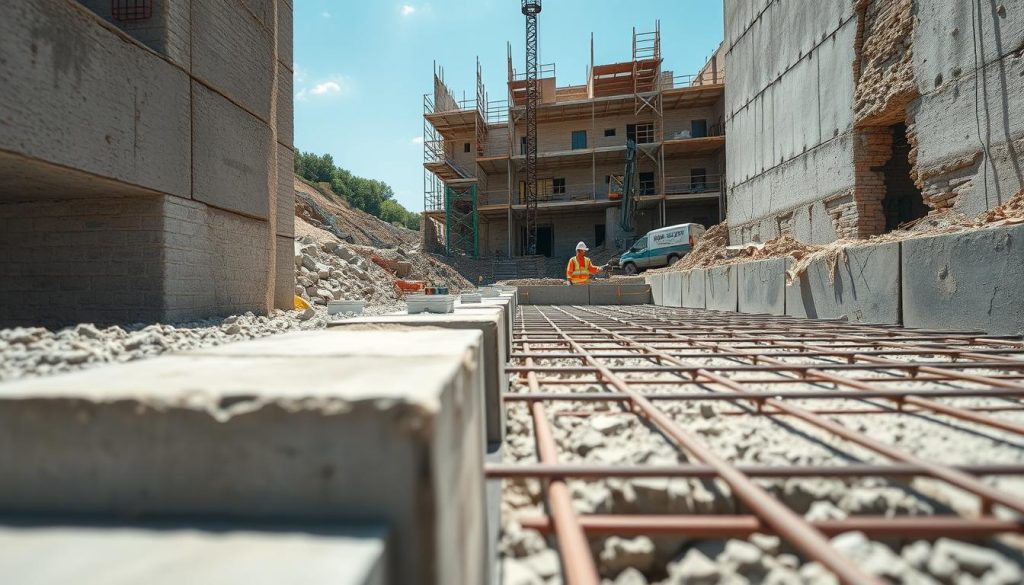 A detailed view of concrete underpinning in a construction setting, showcasing the process of strengthening a building's foundation. In the foreground, the focus is on freshly poured concrete with reinforcing steel rebar visible, illustrating the technical aspects of underpinning. The middle ground features construction workers in professional attire, carefully monitoring the process, with tools such as level gauges and measuring tapes. The background depicts a partially demolished structure, with scaffolding and excavation equipment, creating a sense of active construction. The lighting is bright and clear, suggesting a sunny day, enhancing the colors and textures of the concrete and surroundings. Shot from a low angle to emphasize the height of the walls, the atmosphere feels industrious and focused, capturing the meticulous nature of underpinning work.