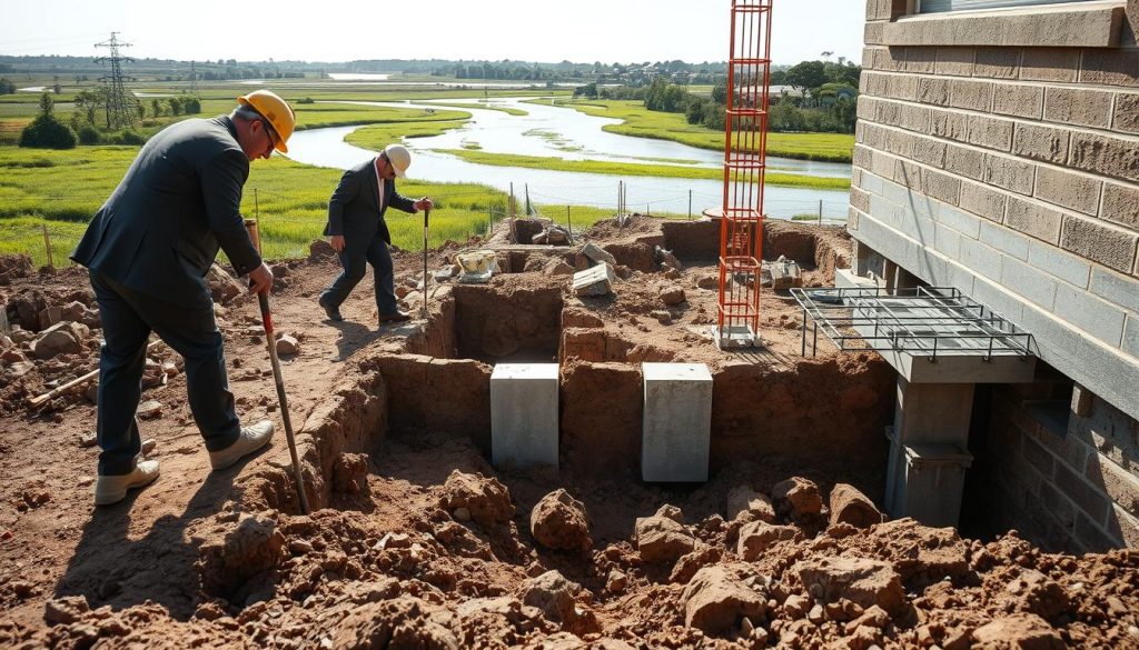 A detailed view of concrete underpinning work designed to secure foundations against flooding. In the foreground, construction workers in professional business attire are carefully installing steel-reinforced concrete supports, using precise tools. The middle ground features partially excavated earth around the building foundation, showcasing the intricate details of underpinning techniques. In the background, a floodplain landscape typical of Melbourne is visible, with lush greenery and gently flowing waters, hinting at the risk of flooding. The scene is illuminated by soft, natural light, casting realistic shadows and highlights, while a slightly elevated angle captures the depth and complexity of the construction site. The overall atmosphere is one of diligence and engineering expertise, emphasizing the importance of flood protection.