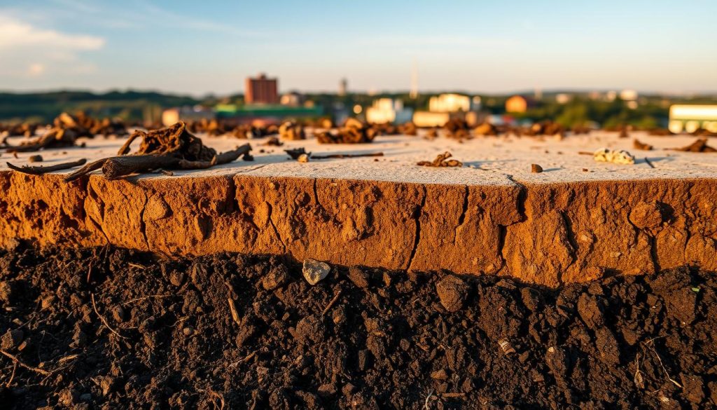 A detailed view of soil conditions in Melton, showcasing distinct layers of soil with signs of structural movement. In the foreground, rich, dark topsoil showing organic matter interspersed with small roots. The middle layer reveals a lighter clay substrate, cracked and uneven, exhibiting evidence of shifting and settling. Small artifacts like rocks and debris can be seen partially embedded in the soil. The background features a subtle skyline of Melton, with a clear sky filtering warm sunlight that casts natural shadows on the soil layers, enhancing texture and depth. The overall mood is one of quiet observation, emphasizing the importance of soil integrity in structural stability. Use a macro lens perspective to highlight soil textures and patterns.