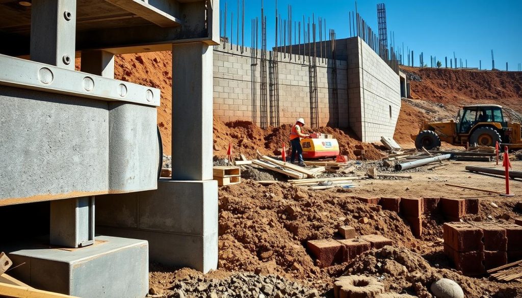 A detailed view of underpinning walls for a retaining wall in Melbourne, showcasing a well-structured construction site. In the foreground, robust steel support beams and concrete blocks are visible, illustrating the underpinning process. The middle ground features workers in professional construction attire meticulously installing the underpinning, concentrating on their tasks. In the background, a partially constructed retaining wall rises, surrounded by earthy tones and scattered construction materials, typical of a Melbourne landscape. The lighting is natural and bright, with soft shadows cast by the midday sun, enhancing the textures of concrete and soil. The atmosphere is one of diligence and precision, highlighting the engineering skills involved in ensuring stability and safety.