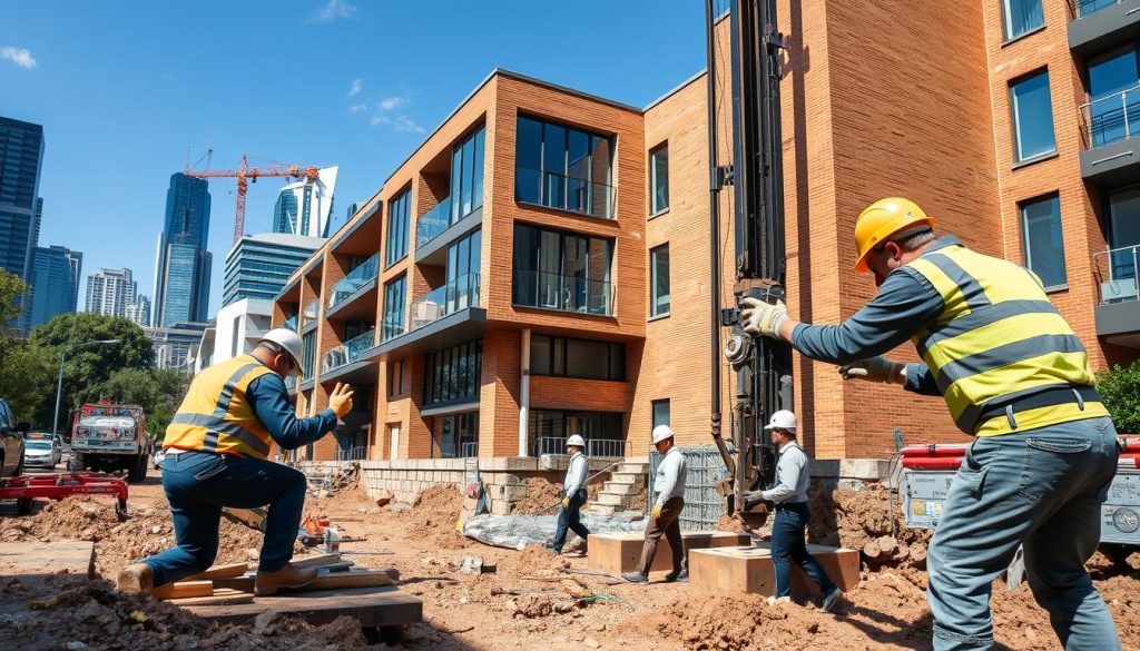 A detailed view of underpinning work being conducted on a modern Melbourne unit block. In the foreground, skilled workers in professional work attire are carefully operating heavy machinery, such as hydraulic jacks and drilling tools. The middle ground features the unit block itself, showcasing contemporary architectural design with brick and glass elements, while visible underpinning supports are being installed. The background reveals a Melbourne skyline under a clear blue sky, with tall buildings and greenery in the frame. The scene is well-lit with natural sunlight casting soft shadows, enhancing the technical aspects of the work. The overall atmosphere conveys a sense of professionalism, precision, and ongoing urban development.