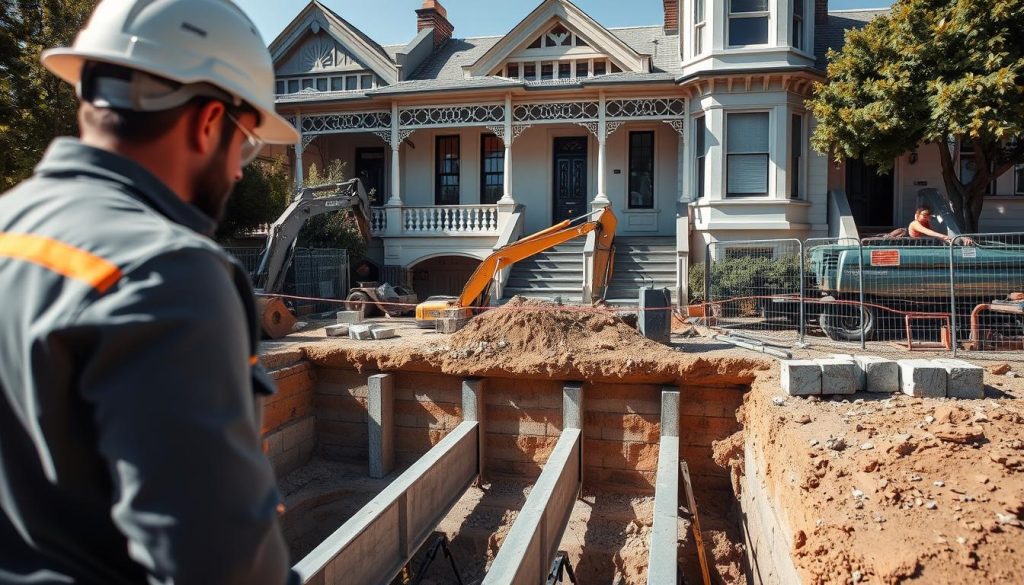A detailed view of underpinning work being performed on a residential rental property in Melbourne. In the foreground, a construction worker in a safety helmet and professional attire is inspecting a newly reinforced foundation area with steel beams. The middle ground showcases heavy machinery like a hydraulic jack and excavation tools surrounded by piles of dirt and concrete blocks. The background features a classic Melbourne terrace house, with Victorian architectural elements, sunlight casting soft shadows, reflecting a clear blue sky. The image should have a warm, bright atmosphere, suggesting a productive day of construction work, with a focus on professionalism and safety in the home development process.