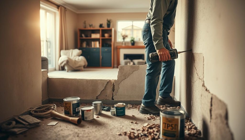 A detailed view of wall crack repairs in a residential property setting in Stonnington. In the foreground, a skilled technician in professional attire is carefully applying epoxy to visibly cracked walls, tools neatly arranged beside him. The middle ground showcases freshly patched areas with faint lines indicating previous damage, emphasizing meticulous workmanship. Surrounding the technician, scattered work materials like spackle and paint tins are present, adding to the authenticity. The background features a warm, inviting living area with soft natural light streaming through a window, creating a sense of calm and reassurance. The atmosphere conveys professionalism and trust, ideal for homeowners seeking comprehensive foundation services. The image is captured with a soft focus lens and a warm color palette, highlighting the nuances of repair work.