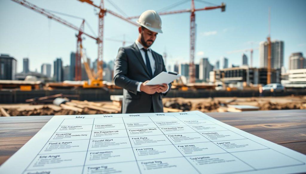 A detailed week-by-week schedule for a typical underpinning project in Melbourne. In the foreground, a large, neatly organized calendar spread across a wooden table, displaying the weeks labeled with tasks such as "Site Preparation," "Excavation," "Foundation Work," and "Final Inspections." The middle ground features a professional engineer in business attire, examining the schedule with a clipboard, while a construction site backdrop shows cranes and underpinning equipment, illustrating an active project. The background includes Melbourne's iconic skyline, with clear blue skies overhead. Soft, natural lighting illuminates the scene, creating a productive atmosphere with a focus on planning and teamwork. The angle captures both the detailed schedule and the bustling work environment, emphasizing the meticulous organization involved in such projects.