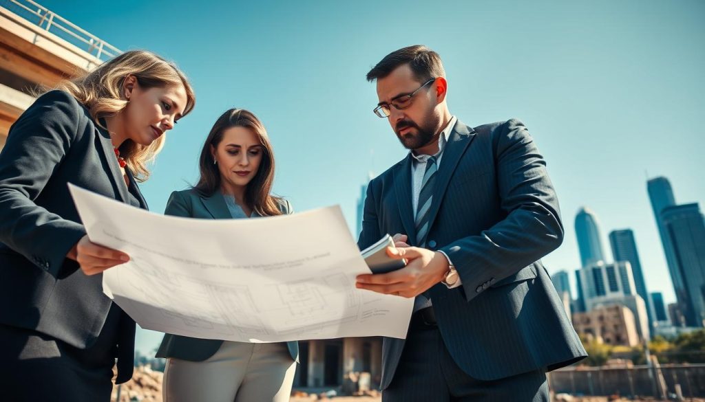 A diverse and experienced team of structural engineers and architects, dressed in professional business attire, collaboratively examining a complex blueprint at a construction site in Melbourne. In the foreground, a female engineer points at a detailed drawing, while a male architect takes notes, both focused and engaged. The middle ground features a partially constructed building with exposed pillars and piles, illustrating underpinning techniques. In the background, the iconic skyline of Melbourne rises against a clear blue sky. Soft sunlight filters through, casting gentle shadows that enhance the details of the scene, creating a mood of diligence, expertise, and teamwork. The angle captures a dynamic perspective, emphasizing collaboration and the importance of structural preservation in urban development.