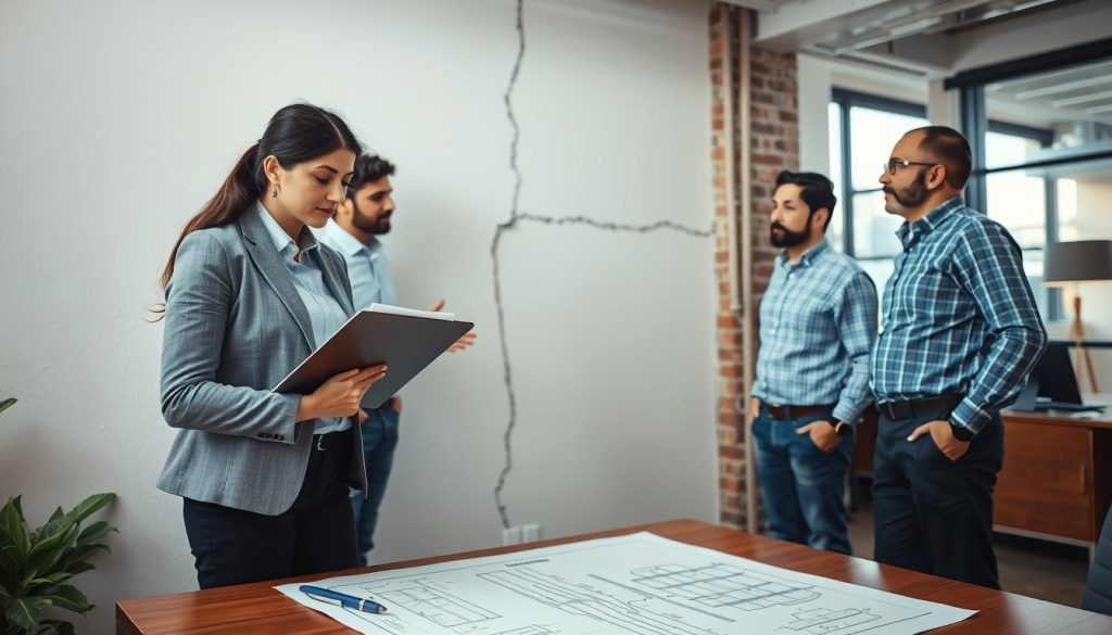 A diverse team of four professionals examining a wall with visible cracks in a well-lit urban office. The foreground features a focused woman in business attire holding a clipboard, taking notes on the importance of underpinning. Beside her, a man in a hard hat gestures towards the wall, illustrating the foundation movement issue. In the background, an architectural blueprint is spread out on a table, showing plans for underpinning solutions. The lighting is bright but warm, creating a collaborative atmosphere. The camera angle is slightly elevated, capturing the interaction between team members and the wall, emphasizing teamwork and dedication to resolving foundation issues.