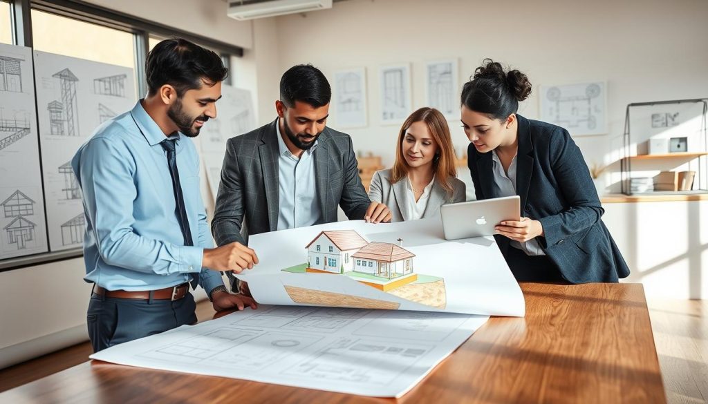 A diverse team of four professionals working collaboratively on a structural engineering project focused on underpinning homes, set in a well-lit, modern office environment. In the foreground, two men in business attire are reviewing blueprints on a large table, while a woman points at a digital tablet displaying a 3D model of a house foundation. A fourth team member, a woman in smart casual clothing, is taking notes with a laptop open in front of her. In the background, architectural sketches and infrastructure models adorn the walls, enhancing the atmosphere of innovation and professionalism. Natural light floods the room through large windows, casting soft shadows and creating a warm and inviting mood, captured with a wide-angle lens to emphasize teamwork and engagement.