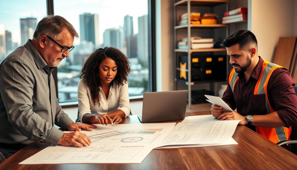 A diverse team of professionals, including a middle-aged Caucasian man, a young Black woman, and a Hispanic man, collaborating in an office environment. In the foreground, the man is examining structural blueprints on a conference table, while the woman is pointing to significant data on a laptop. The Hispanic man is taking notes on a notepad. The middle ground features a large window with natural light streaming in, revealing Melbourne’s skyline with its iconic buildings. The background includes shelves with construction materials and safety gear, giving a sense of a practical workspace. The mood is focused and collaborative, reflecting professionalism and teamwork. Soft, warm lighting enhances the welcoming atmosphere, with a slight depth-of-field effect to draw attention to the team's interaction.
