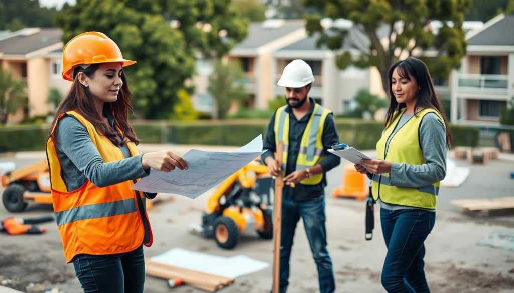 A diverse team of three professionals collaborating on a construction project, standing in the foreground to showcase teamwork. The first person, a Caucasian woman in a hard hat and reflective vest, points at blueprints. A Black man, also in a hard hat, is measuring the ground, while a Hispanic woman takes notes on a clipboard. In the middle ground, construction machinery and tools are organized, implying an active worksite. The background features a suburban Melbourne setting, with partially constructed buildings and green trees. The scene is illuminated by soft, natural daylight to create an inviting atmosphere. Capture a slight upward angle to emphasize the team dynamics and collaboration, highlighting a feeling of professionalism and unity in the construction industry.
