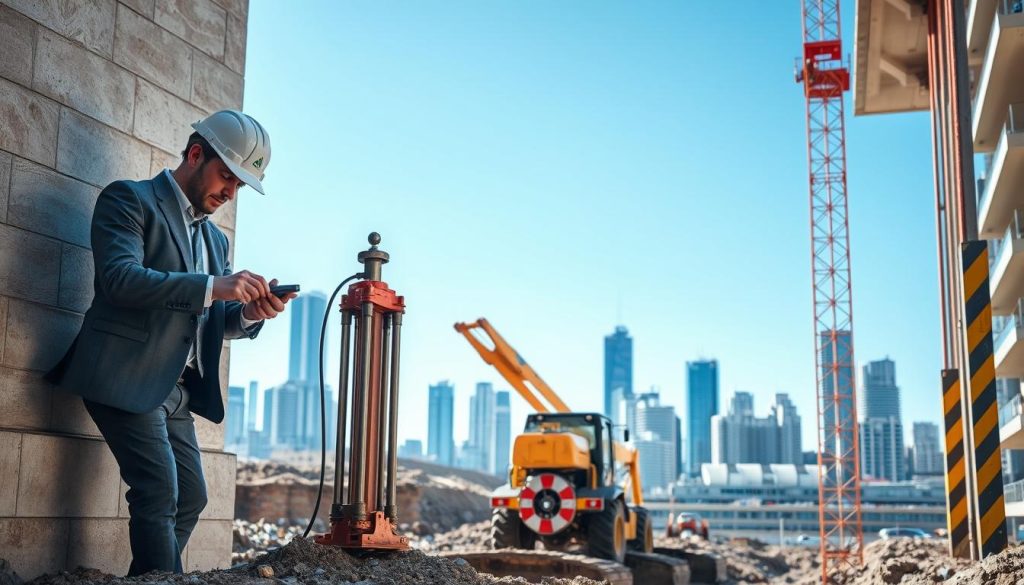 A dynamic construction scene showcasing core foundation repair services with a focus on emergency underpinning. In the foreground, a skilled contractor dressed in professional business attire examines a foundation wall, utilizing specialized tools. The middle layer features heavy machinery like a hydraulic jack and underpinning equipment at work, demonstrating the technical process of foundation stabilization. The background presents a Melbourne cityscape with a clear blue sky, subtly blending urban elements. Soft, natural lighting illuminates the scene, emphasizing the seriousness and professionalism of the repair work. The atmosphere conveys a sense of urgency balanced with confidence, highlighting the precision and expertise involved in core foundation services.