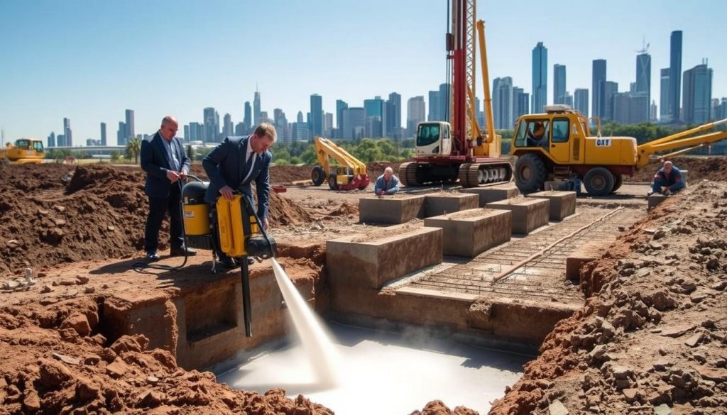 A dynamic construction site depicting specialist jet grouting for foundation work in Melbourne. In the foreground, showcase workers in professional business attire, operating advanced jet grouting machinery, creating a visible jet of fluid impacting the ground. The middle ground features partially excavated soil and ongoing foundation work with reinforced concrete structures, while several large machinery pieces, like a drilling rig and jet grouting equipment, are positioned strategically. The background includes Melbourne's skyline under a clear blue sky, adding a cityscape element to the scene. Utilize natural daylight for bright, realistic lighting, capturing the meticulous, technical atmosphere of foundation construction. Aim for a perspective that suggests depth, showing both the intricate work and the scale of the surrounding environment.