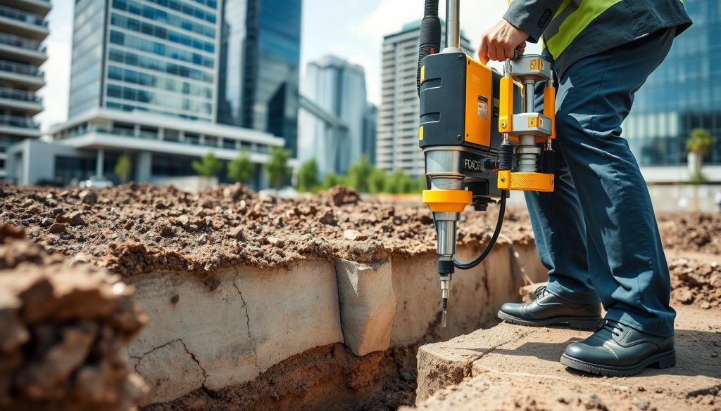 A dynamic scene showcasing a modern resin injection process, focusing on a technician dressed in professional business attire, carefully operating equipment that injects resin into a foundation. In the foreground, show a clear view of the resin injection machine with vibrant yellow and silver elements, highlighting the precision of the work. In the middle ground, depict a partially excavated foundation, revealing structural issues and cracks that the resin will address. Background elements include a bustling Melbourne cityscape with modern buildings, subtly blurring to emphasize the work being done in the foreground. Use natural daylight to illuminate the scene, creating a realistic and clean atmosphere, capturing the essence of contemporary construction techniques.