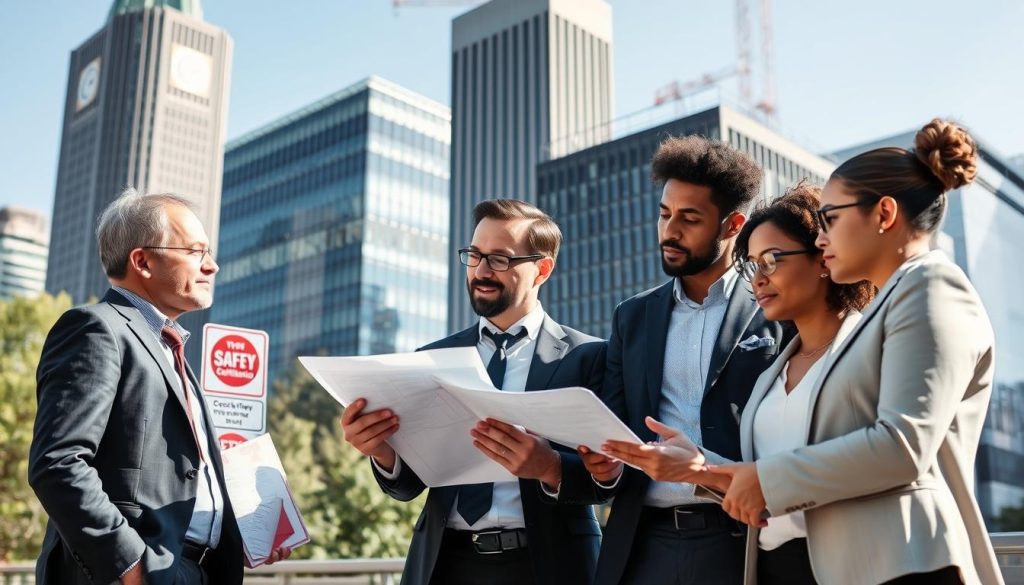 A modern Melbourne cityscape serving as the background, with a prominent city council building and safety compliance signs visible. In the foreground, a diverse group of four professionals in business attire—two men and two women—are engaged in a discussion, reviewing building plans and safety certifications. They appear focused and collaborative, with blueprints and a tablet in hand. The lighting is bright and natural, suggesting a sunny day, with soft shadows enhancing the scene's realism. The overall atmosphere conveys diligence and adherence to compliance standards, with clear skies symbolizing transparency and safety in construction practices. The angle is slightly elevated, providing a comprehensive view of both the professionals and the architectural elements indicative of Melbourne's regulatory landscape.