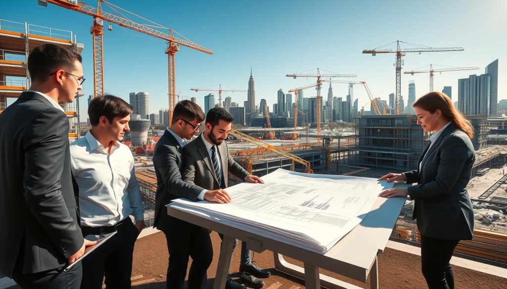 A modern commercial construction site in Melbourne showcasing an engineering-led process. In the foreground, a diverse team of engineers in professional business attire collaboratively examines blueprints on a large drafting table. The middle ground features ongoing construction, with cranes, scaffolding, and heavy machinery, highlighting the complexity of the project. In the background, a skyline of Melbourne's iconic buildings looms under a clear blue sky, bathed in warm, natural daylight. Use a wide-angle lens to capture the depth of the scene and emphasize the teamwork and engineering precision. The atmosphere is dynamic and focused, conveying determination and innovation in commercial construction activities.