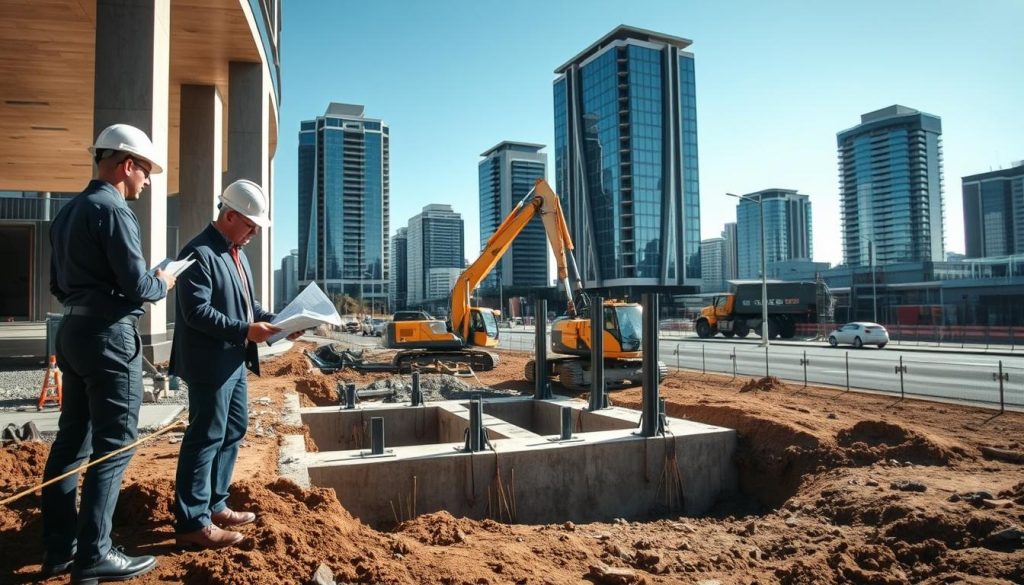 A modern commercial underpinning site in Melbourne, showcasing advanced foundation support techniques. In the foreground, professional workers in business attire are examining structural plans and discussing measures to stabilize and re-level the building. The middle ground features a partially exposed foundation with heavy machinery like hydraulic jacks and support beams actively being installed. In the background, an urban landscape with contemporary office buildings under a clear blue sky emphasizes the location. Soft, natural lighting casts gentle shadows, creating a sense of reliability and professionalism. The atmosphere is focused and industrious, highlighting the importance of safeguarding valuable assets through proper underpinning solutions.