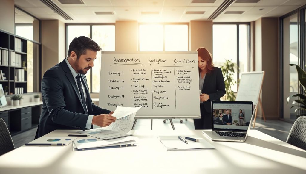 A modern office space depicting a seamless process from assessment to completion. In the foreground, a professional consultant in business attire meticulously reviews documents with a client, surrounded by charts and graphs. The middle ground features a large whiteboard with bullet points outlining the stages of the process, alongside a laptop displaying a project timeline. In the background, a well-organized office with large windows allowing natural light to stream in, casting soft shadows. The atmosphere is focused and collaborative, with a hint of warmth from the sunlight. The scene conveys professionalism, trust, and clarity, ideal for illustrating a methodical approach to project completion.