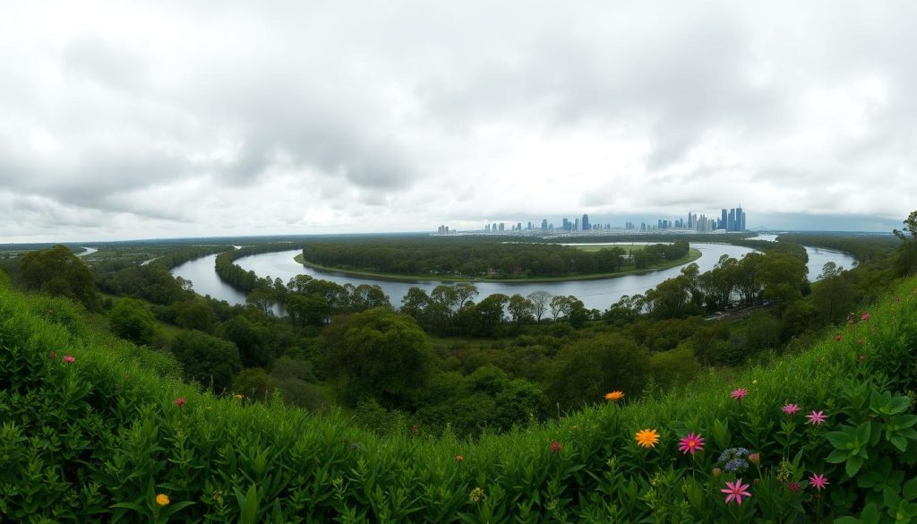 A panoramic view of the flood risk rivers in Melbourne, showcasing a dramatic, wide-angle shot. In the foreground, lush green floodplain vegetation borders the riverbanks, with vibrant wildflowers adding color. The middle ground features a winding river, reflecting the overcast sky, and a few houses on slightly elevated land, illustrating the flood risk context. The background includes the distant silhouette of Melbourne's skyline, partially obscured by low-hanging clouds. The lighting is diffused, creating a somber atmosphere, emphasizing the potential hazards of flooding. The angle captures the expanse of the landscape, highlighting both the beauty and the vulnerability of this area. The scene is peaceful yet foreboding, prompting contemplation on foundation risks amidst natural beauty.