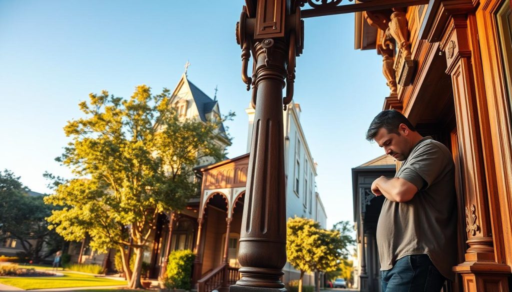 A picturesque scene depicting structural preservation of heritage homes and buildings in Melbourne, showcasing a close-up of a beautifully restored Victorian-style façade with ornate detailing. In the foreground, a skilled craftsman in modest casual clothing carefully examines the intricate woodwork, emphasizing craftsmanship and attention to detail. The middle ground features a row of historic buildings bathed in soft, golden sunlight, casting gentle shadows that highlight the architecture's elegance. In the background, a clear blue sky complements the vibrant greenery of a nearby park, adding to the sense of liveliness and community. The overall mood conveys a sense of pride in preserving Melbourne's architectural heritage, inviting viewers to appreciate the beauty and resilience of the city’s historical structures.