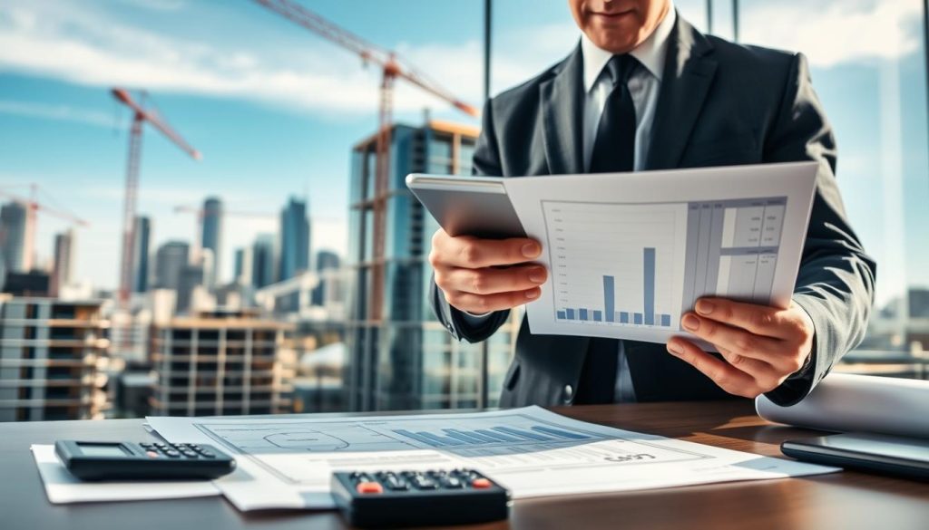 A professional and informative image illustrating the concept of "cost underpinning" in a budgeting context for construction. In the foreground, a well-dressed business person in professional attire is reviewing detailed construction cost estimates on a digital tablet. The middle ground features a blueprint of a building on a desk alongside calculators and financial documents. The background showcases a modern Melbourne skyline, with a construction site under a clear blue sky. Soft natural lighting enhances the scene, creating an optimistic atmosphere. The angle captures both the person and the workspace in a slightly elevated perspective, focusing on the interaction with the documents and digital screens, conveying a sense of diligence and attention to financial details in construction planning.
