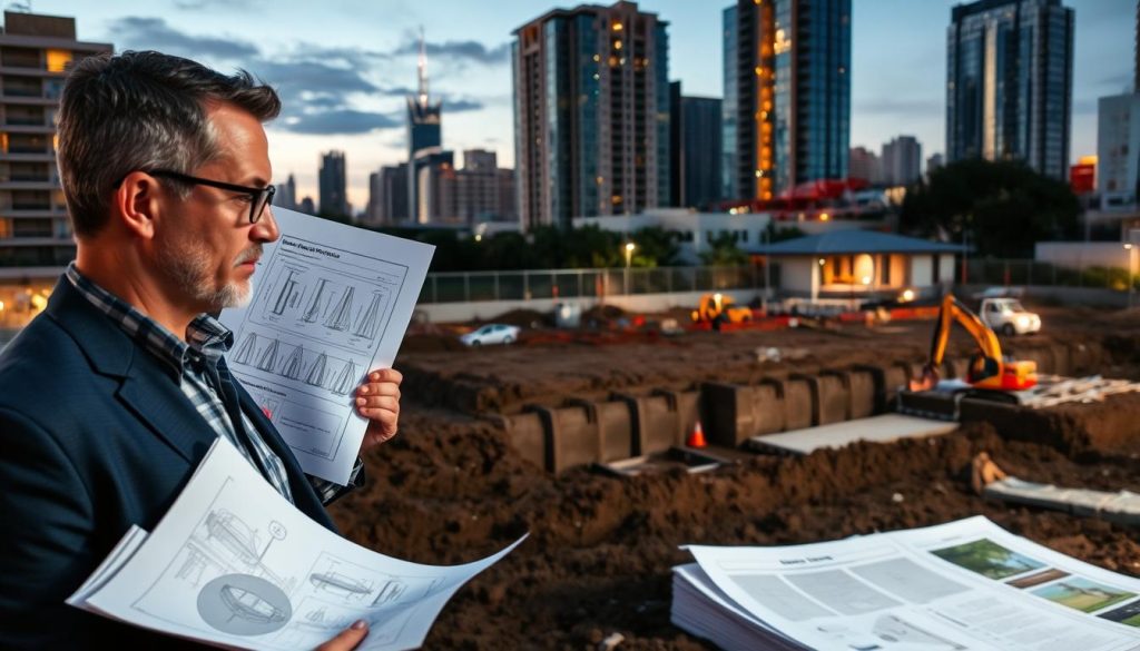 A professional construction consultant stands in the foreground, dressed in business attire, holding blueprints with diagrams of various underpinning methods. The consultant appears contemplative, analyzing the plans. In the middle ground, a partially excavated foundation site showcases different underpinning techniques, such as mini-piles and slab underpinning, with tools and machinery scattered around. The background features a Melbourne skyline at dusk, with soft lighting casting a warm glow on the buildings and the site. The scene captures a mood of careful decision-making and expertise, with a focus on the interplay of choices that influence property value without overcapitalization. The image composition should be well-lit, emphasizing the details of the underpinning methods, creating a professional and informative atmosphere.