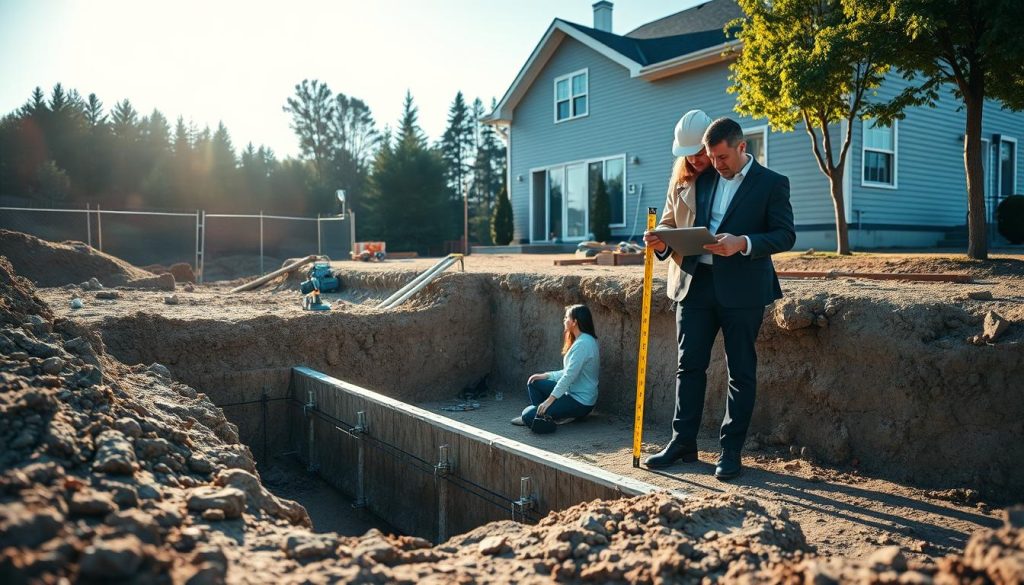 A professional construction site focused on foundation assessment, showcasing engineers in business attire examining a building's foundation. In the foreground, two engineers, a man and a woman, are using measuring tape and a tablet to evaluate soil stability. The middle ground features an excavated foundation with visible reinforcement structures, tools, and inspection equipment neatly arranged. Soft, natural lighting from the late afternoon sun casts gentle shadows, enhancing the details of the soil and foundation materials. The background consists of a residential structure with visible underpinning efforts in progress, surrounded by trees and a clear blue sky, creating a calm yet diligent atmosphere reflecting the seriousness of foundation repair and assessment. A professional construction site focused on foundation assessment, showcasing engineers in business attire examining a building's foundation. In the foreground, two engineers, a man and a woman, are using measuring tape and a tablet to evaluate soil stability. The middle ground features an excavated foundation with visible reinforcement structures, tools, and inspection equipment neatly arranged. Soft, natural lighting from the late afternoon sun casts gentle shadows, enhancing the details of the soil and foundation materials. The background consists of a residential structure with visible underpinning efforts in progress, surrounded by trees and a clear blue sky, creating a calm yet diligent atmosphere reflecting the seriousness of foundation repair and assessment.