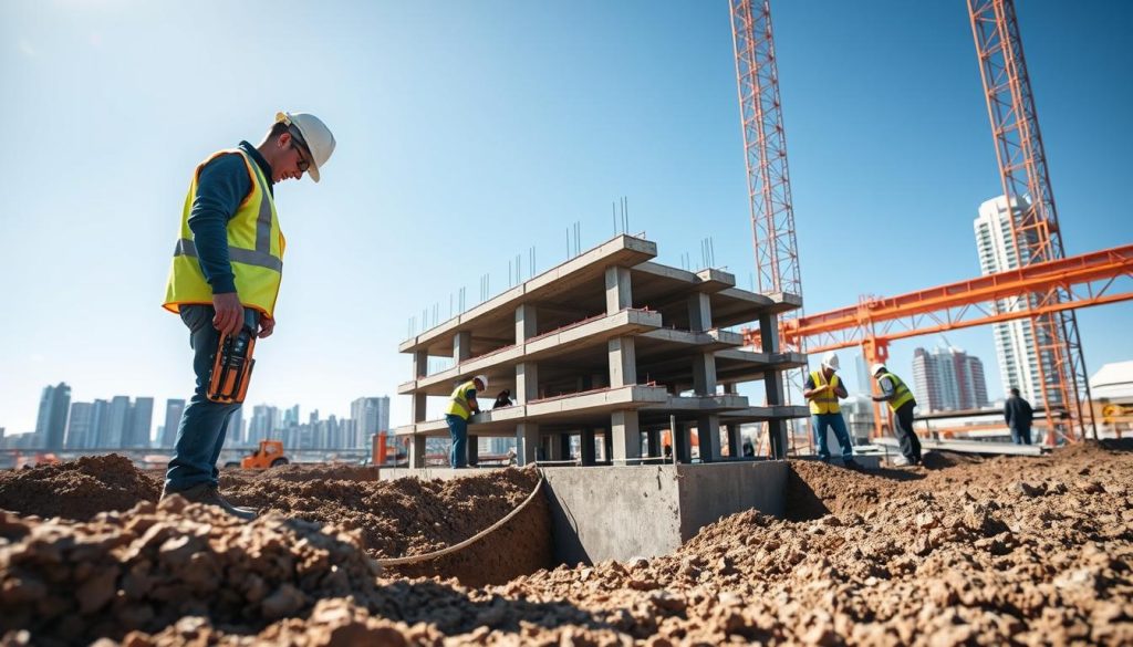 A professional construction site in Melbourne showcasing underpinning work in progress. In the foreground, a skilled contractor in a hard hat and safety gear inspects the foundation using advanced tools. The middle ground features workers carefully reinforcing the foundation with concrete and steel beams, demonstrating precision and teamwork. The backdrop displays a vibrant Melbourne skyline under a clear blue sky, symbolizing progress and strength. The lighting is bright and natural, casting soft shadows, evoking a sense of professionalism and reliability. An angled perspective emphasizes the depth of the construction site, creating an immersive and informative scene that captures the essence of choosing underpinning services in Melbourne.