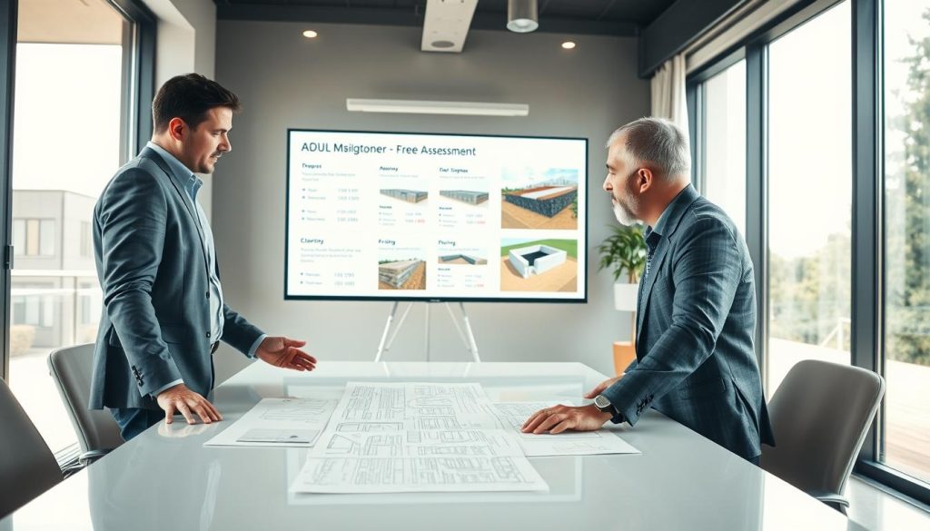A professional consultation scene depicting a civil engineer and a home owner discussing free assessment strategies for a retaining wall underpinning project in Melbourne. In the foreground, the engineer, dressed in business attire, is examining architectural plans laid out on a modern conference table. In the middle ground, a large presentation board displays images of various retaining wall designs and pricing options. The background features a stylish office with large windows allowing natural light to flood in, illuminating the space. The atmosphere is warm and inviting, emphasizing professionalism and clarity. Use soft, diffused lighting to create an approachable and friendly ambiance, capturing the essence of fixed pricing and fast booking. The angle should showcase the collaboration and engagement between the two characters without any text or distractions.