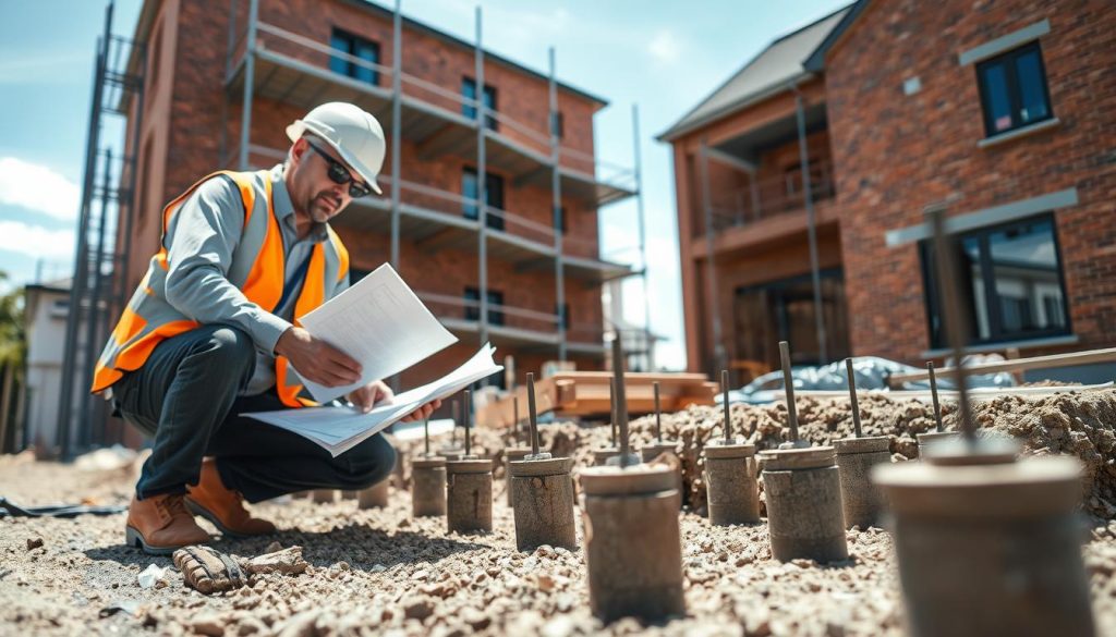A professional engineer in a hard hat and safety vest conducting a site inspection for underpinning work on a second storey addition. In the foreground, the engineer examines construction plans while crouching beside foundational supports. In the middle ground, distinct underpinning equipment like steel braces and concrete piles are partially visible. The background shows a partially constructed brick building with scaffolding, reflecting a sunny Melbourne day with clear skies. The scene is well-lit, creating a calm and focused atmosphere, emphasizing the precision and engineering expertise involved in the process. The lens perspective captures both detailed tools and the broader construction site, showcasing a collaborative work environment among construction professionals.