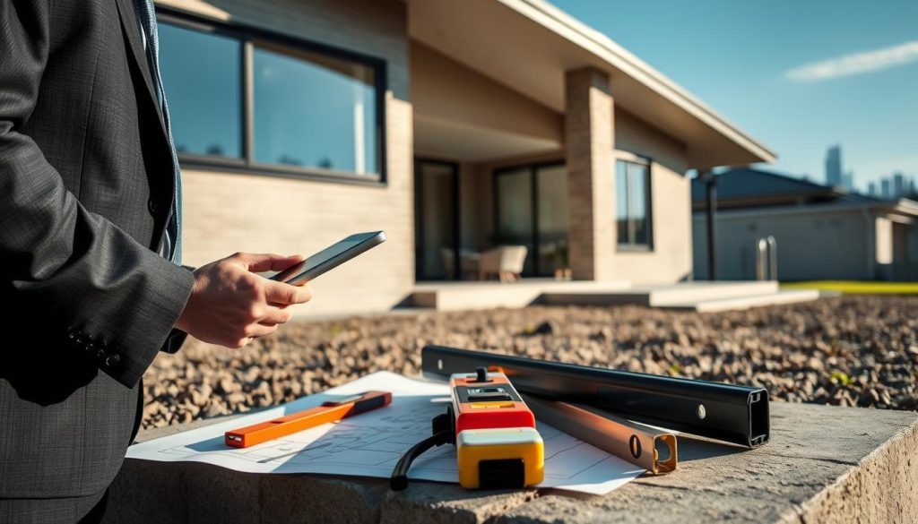 A professional engineer in business attire examining a house's foundation, focusing on structural assessment. In the foreground, the engineer uses a tablet, analyzing data. In the middle ground, various tools for structural inspection, such as a level and measuring tape, are placed on a ground plan of the slab home. The background shows the exterior of a Melbourne slab home, with the city's skyline faintly visible in a clear blue sky. Soft, natural daylight highlights the scene, casting gentle shadows. The mood is serious yet optimistic, evoking trust and professionalism, emphasizing the importance of structural assessments for homeowners.